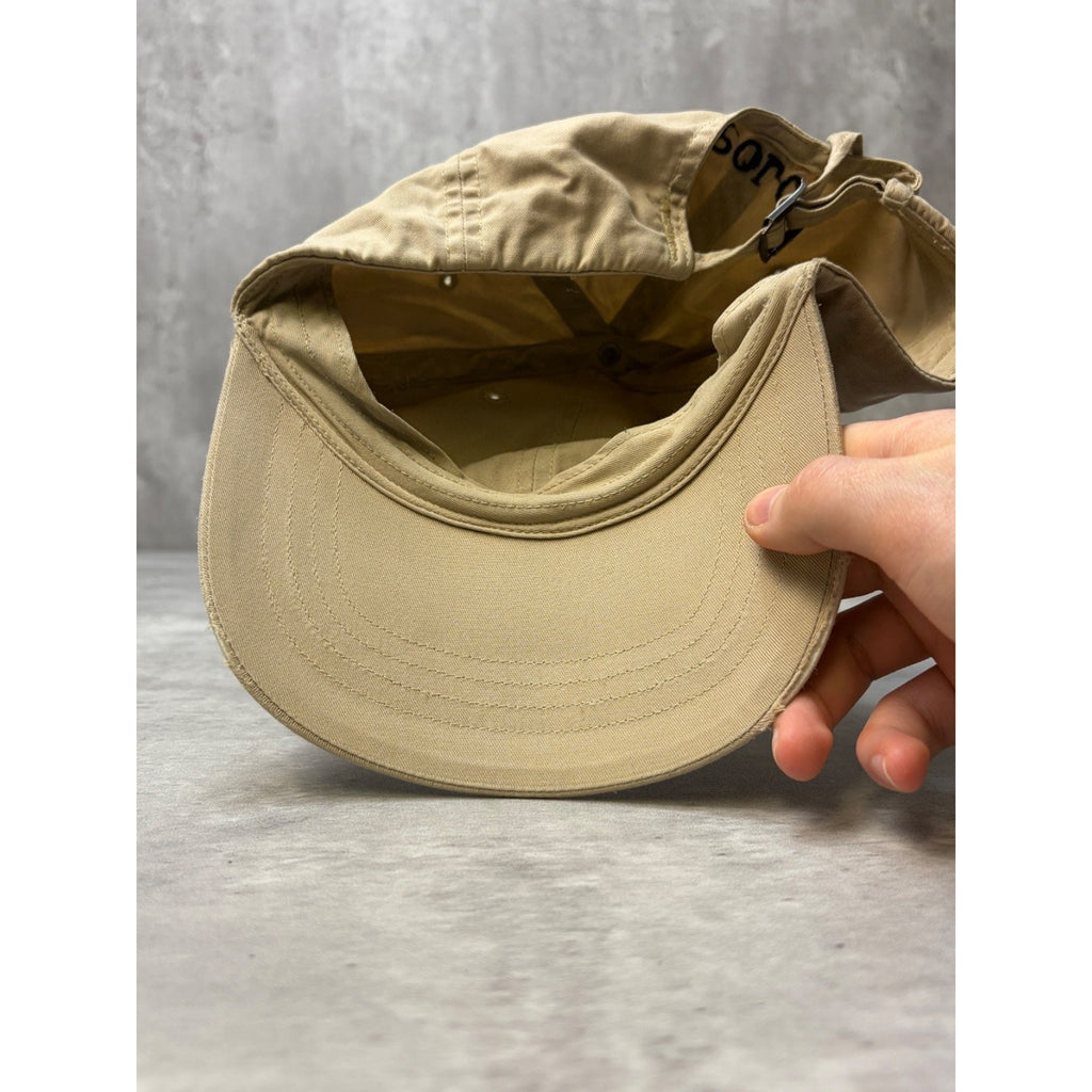 Vintage Polo Ralph Lauren Embroidered Spellout Crest Beige Strapback Hat OSFA