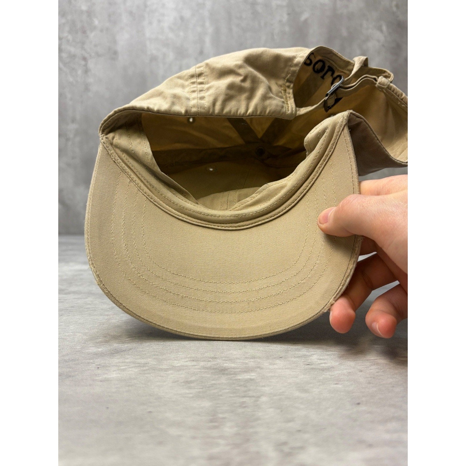 Vintage Polo Ralph Lauren Embroidered Spellout Crest Beige Strapback Hat OSFA