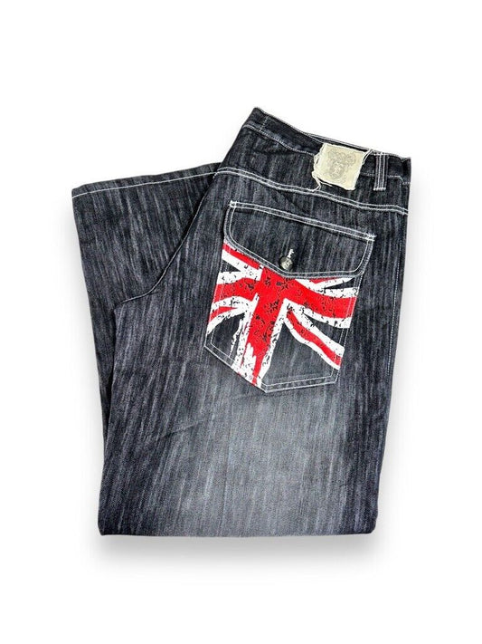 Vintage Y2K ESMX Baggy Fit Union Jack Graphic Black Wash Denim Pants Size 41