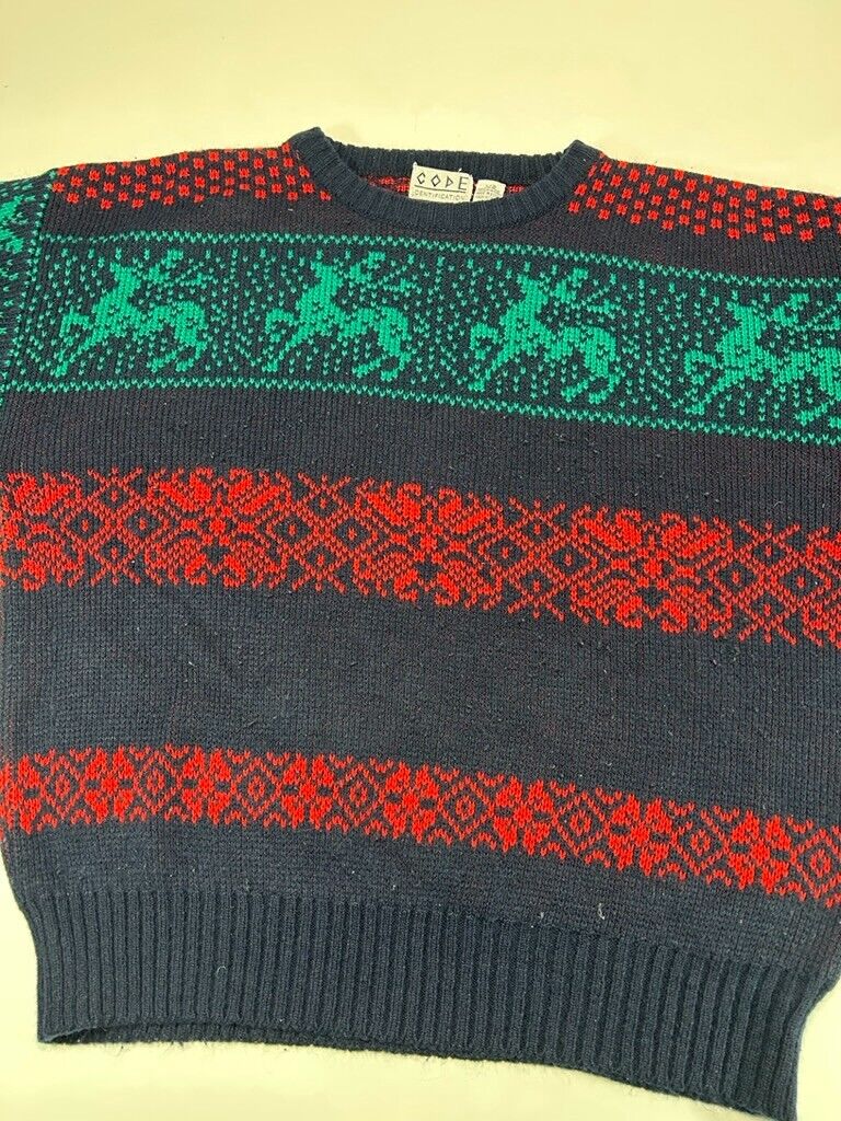 Vintage 90s Code Identification Reindeer Print Pull Over Knit Sweater Size Large