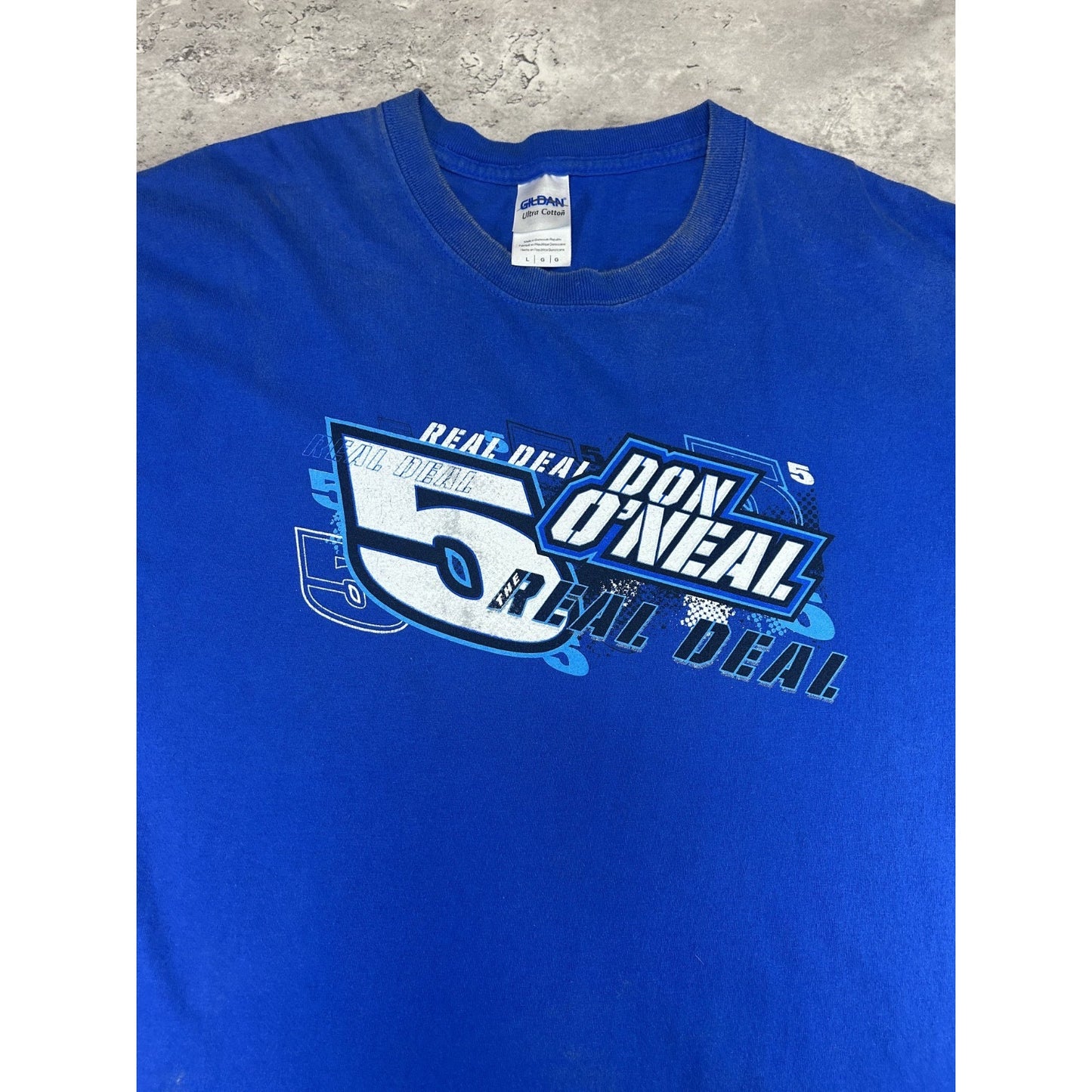 Vintage Don O'Neal #5 The Real Deal Racing Graphic T-Shirt Size Large Blue