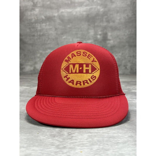 Vintage 1980s Masey Harris Tractors Graphic Logo Trucker Snapback Hat OSFA Red