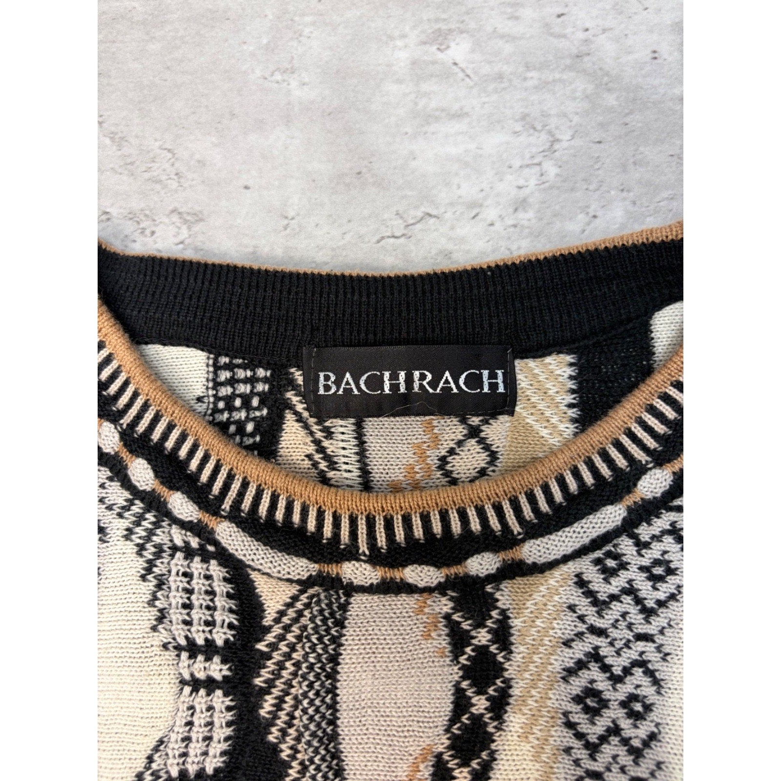 Vintage Bachrach Textured Geometric Pattern Knit Sweater Size XL