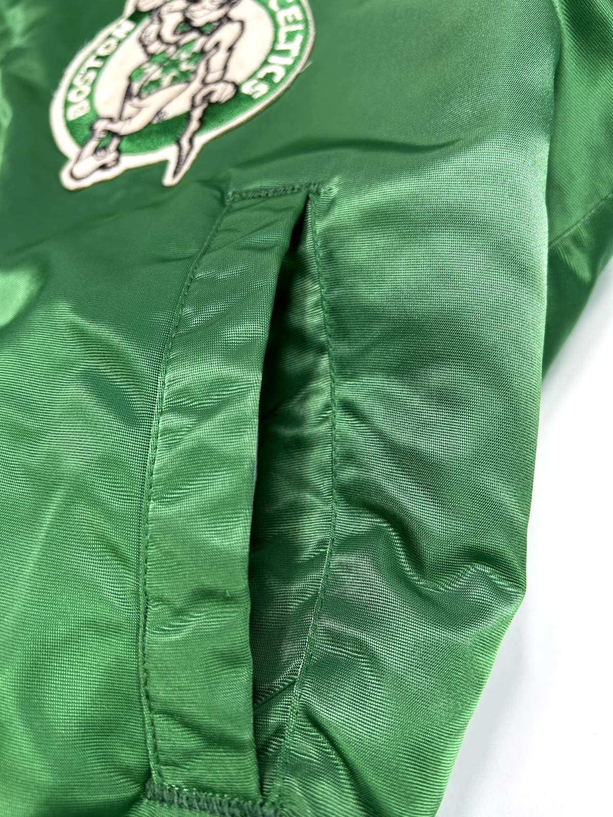 Vintage 80s Boston Celtics NBA Embroidered Spell Out Satin Bomber Jacket Sz M