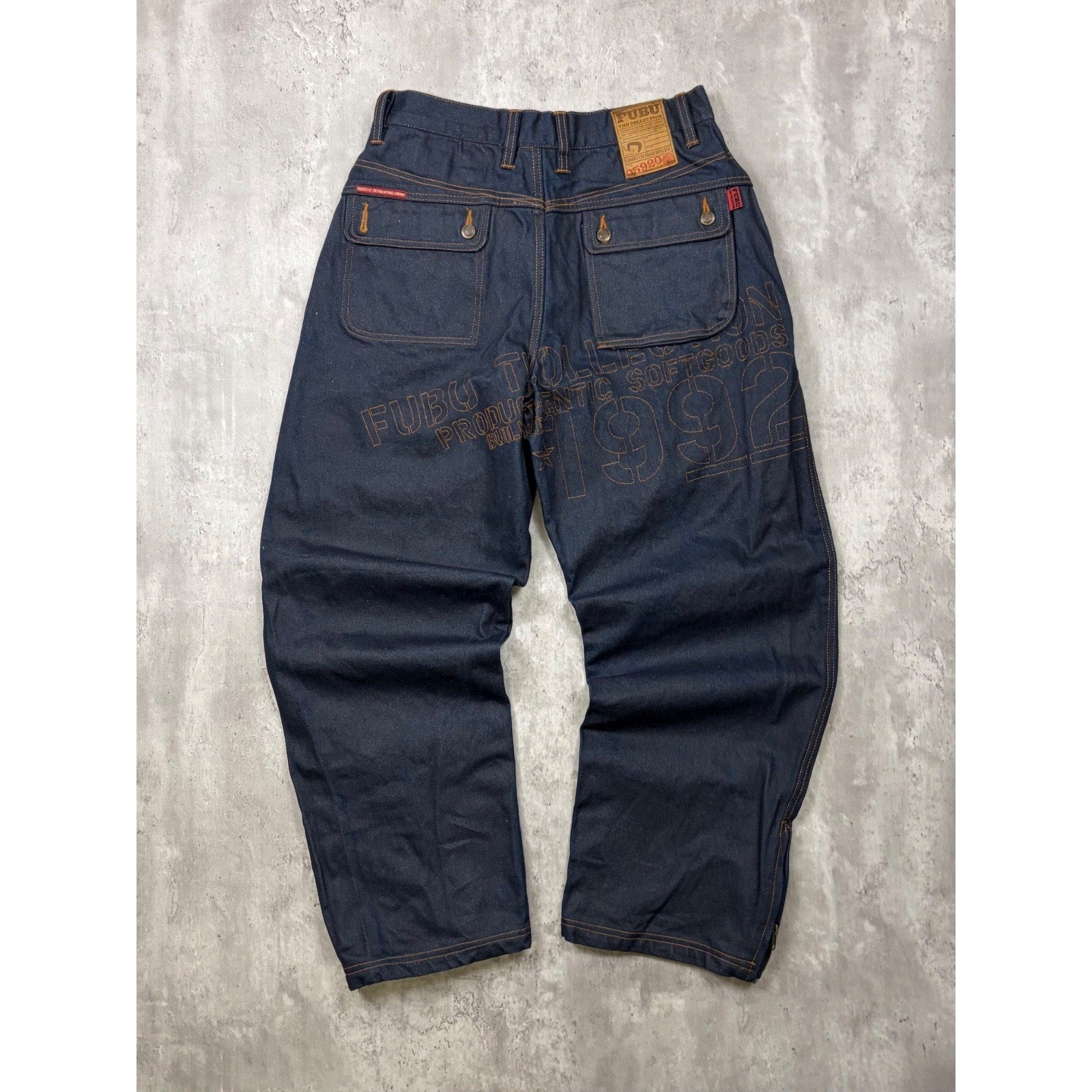 Vintage Y2K Fubu Contrast Embroiderey Dark Wash Wax Denim Pants Size 32