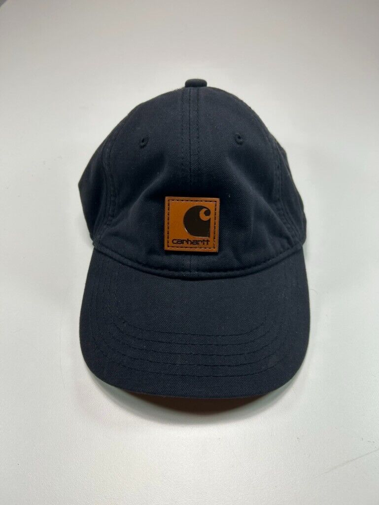 Vintage Carhartt Leather Patch Embroidered Spellout Strapback Hat OSFA Black