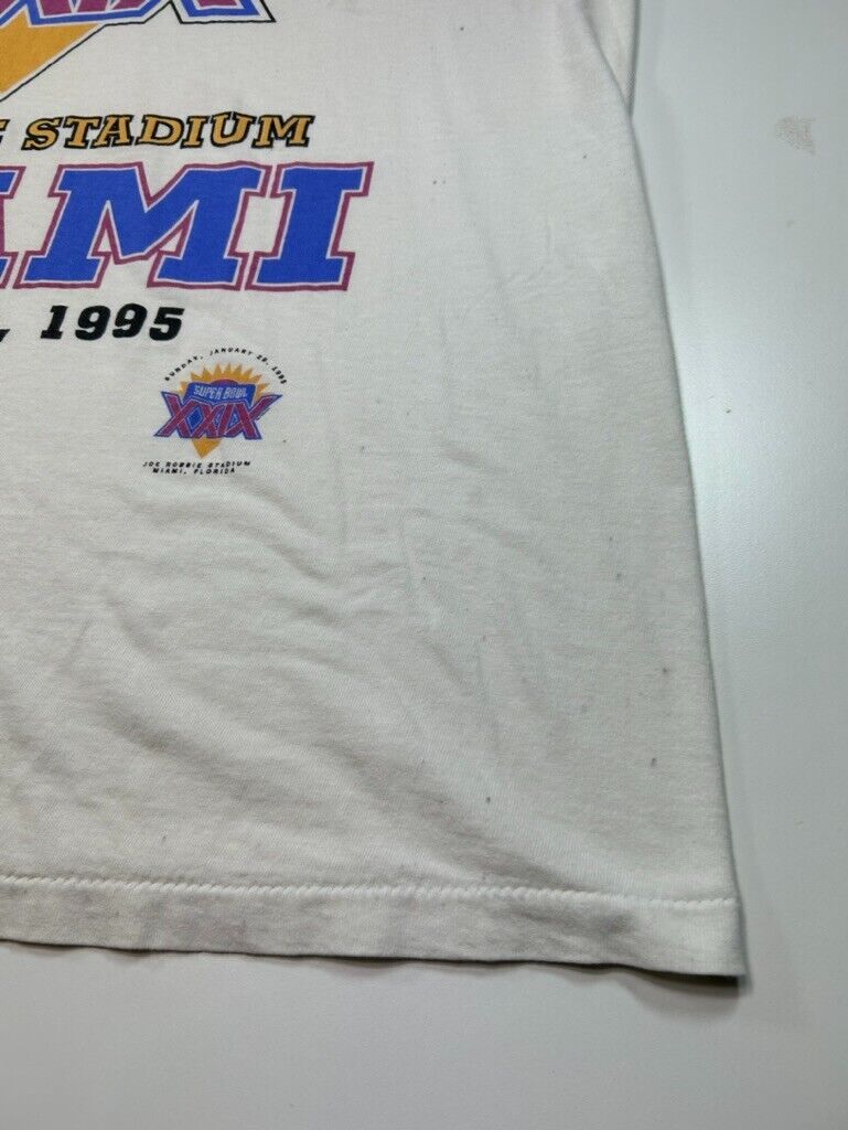 Vintage 1995 NFL Super Bowl XXIX Miami Graphic Football T-Shirt Size Large White