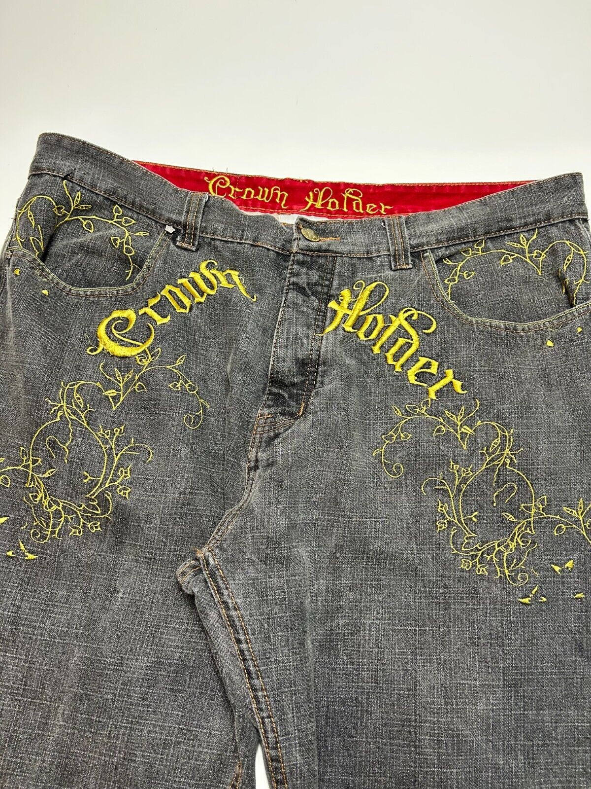 Vintage Y2K Crown Holder Baggy Fit Embroidered Graphic Denim Pants Size 43