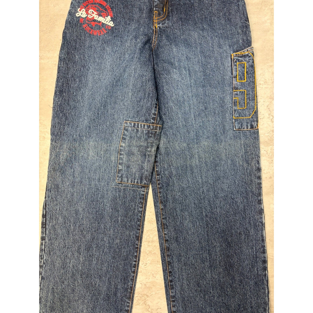 Vintage Y2K Womens Rocawear La Familia Embroidered Medium Wash Denim Pants 26x29