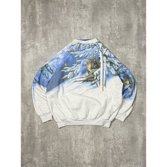 Vintage 90s Wolf Winter Landscape All Over Print Graphic Sweatshirt Size Large