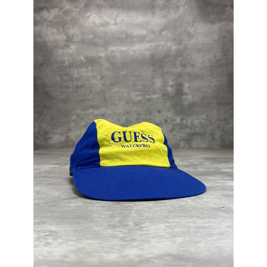 Vintage 90s Guess Waterpro Three Panel Spellout Hat OSFA Yellow/Blue