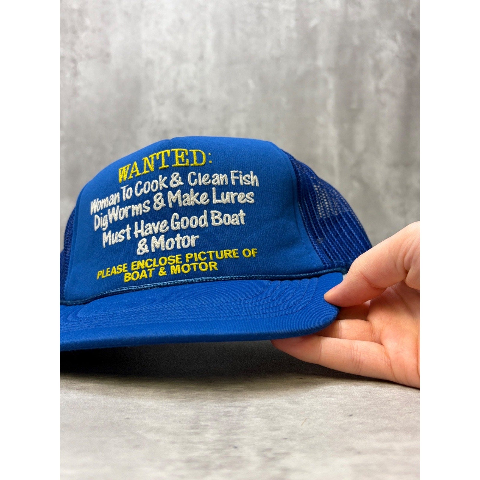 Vintage 80s Wanted Woman To Cock And Clean Fish Trucker Snapback Hat OSFA