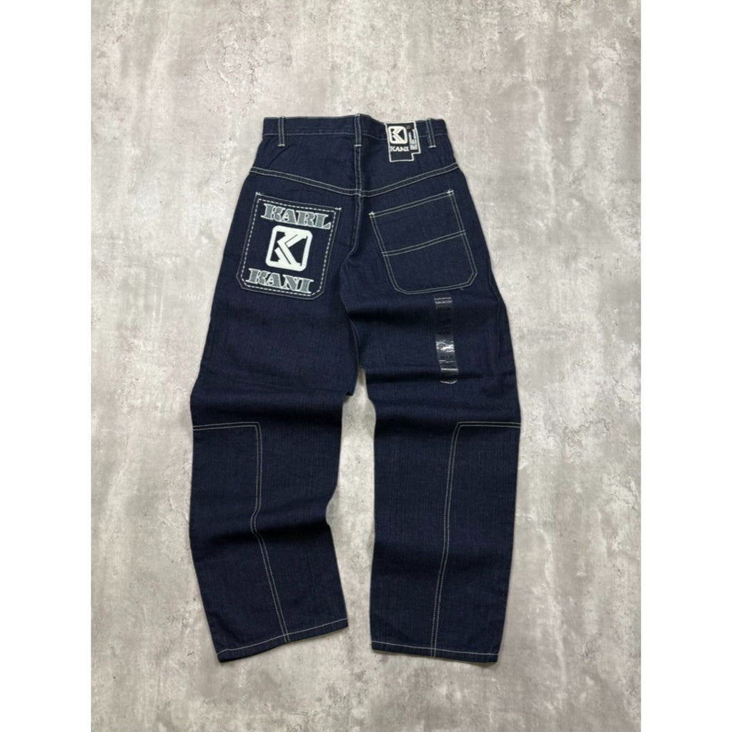 Vintage Y2K Womens Kani Contrast Stitched Spellout Dark Wash Denim Pants