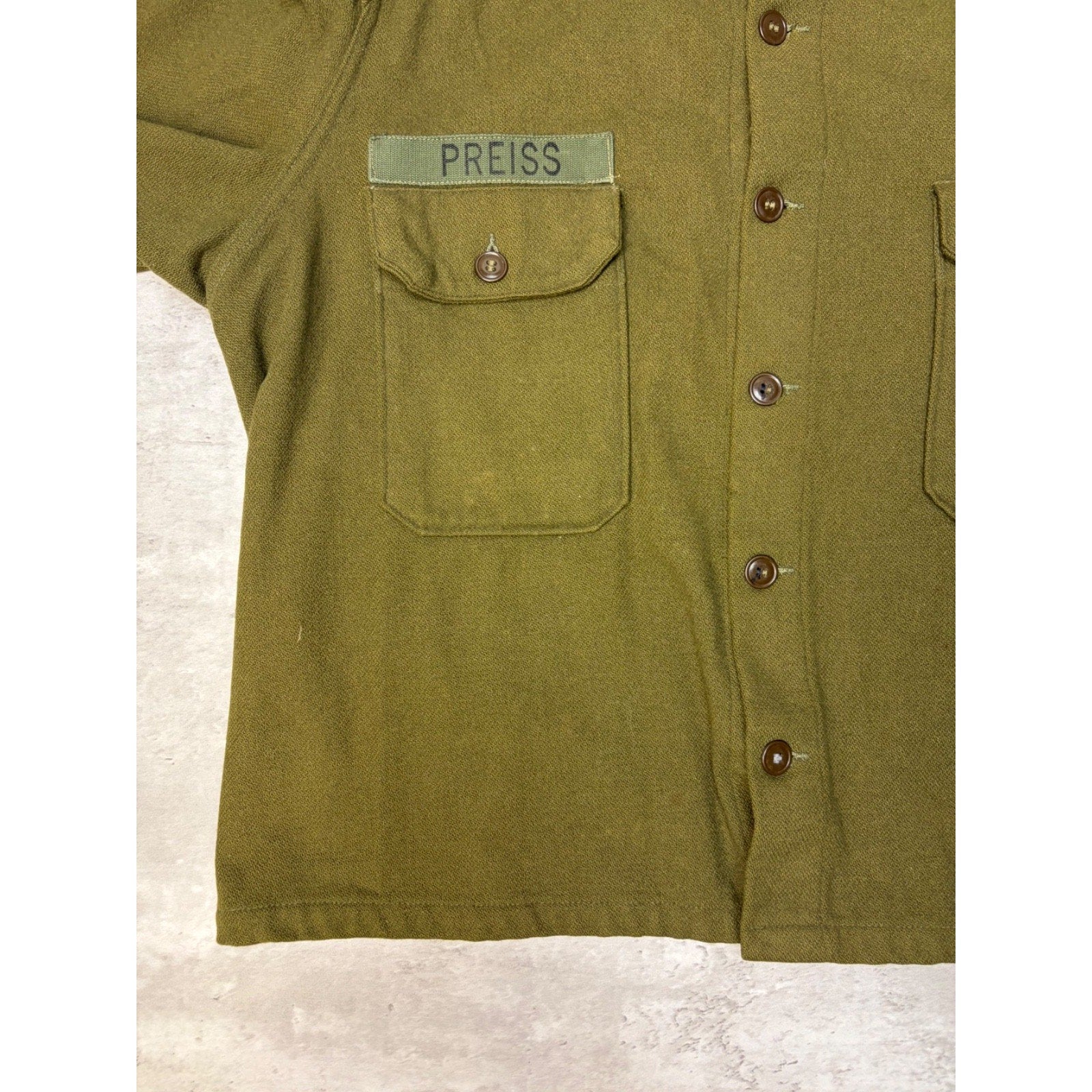 Vintage 1950s US Army OG 107 Patched Wool Field Button Up Shirt Size 2XL