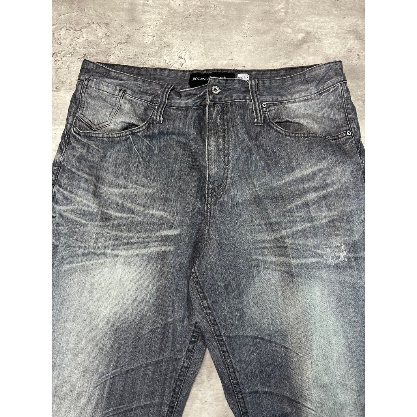 Vintage Y2K Rocawear Baggy Fit Faded Distressed Denim Pants Size 41 Gray