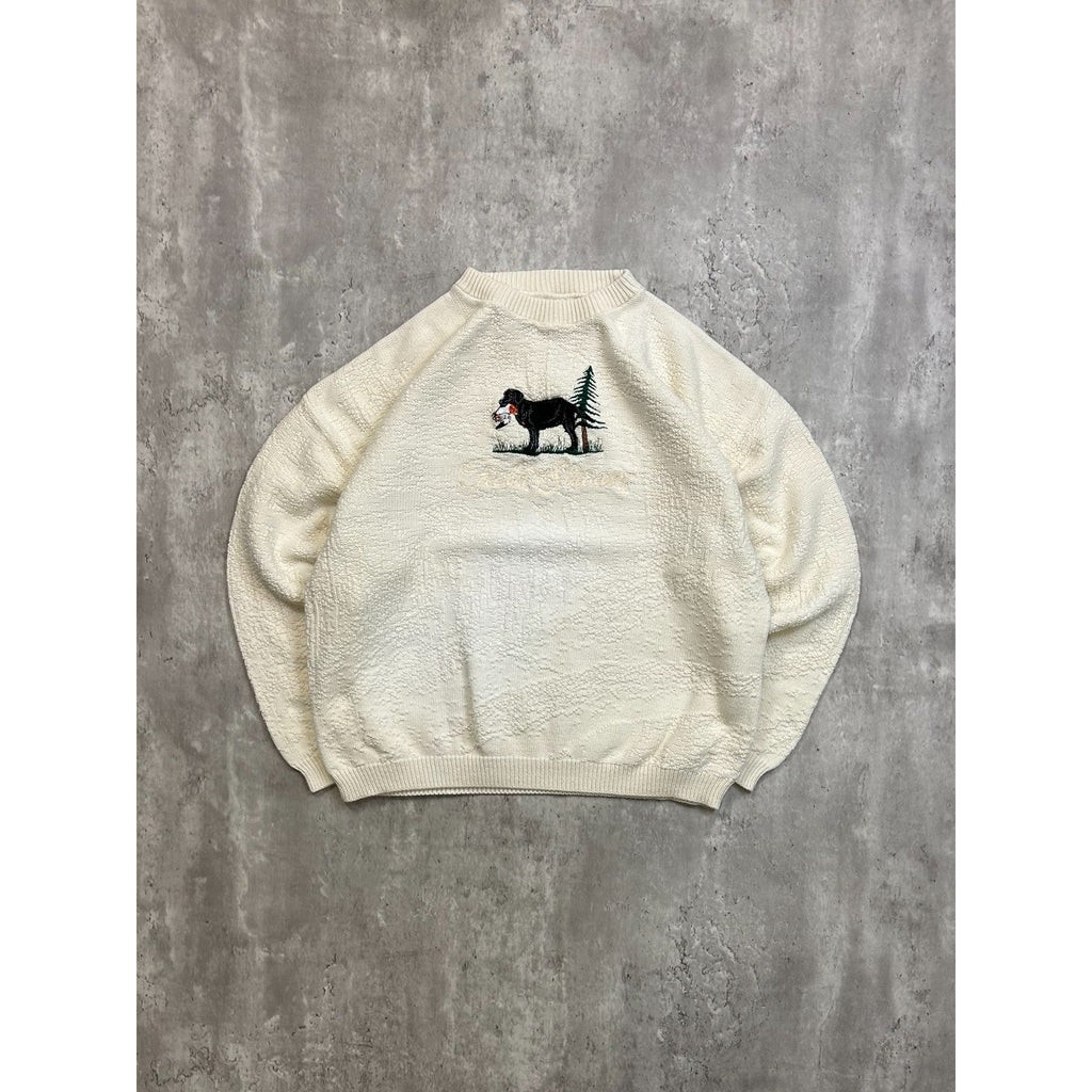 Vintage 90s Duck Hunting Dog Embroidered Graphic Knit Sweater Size Large