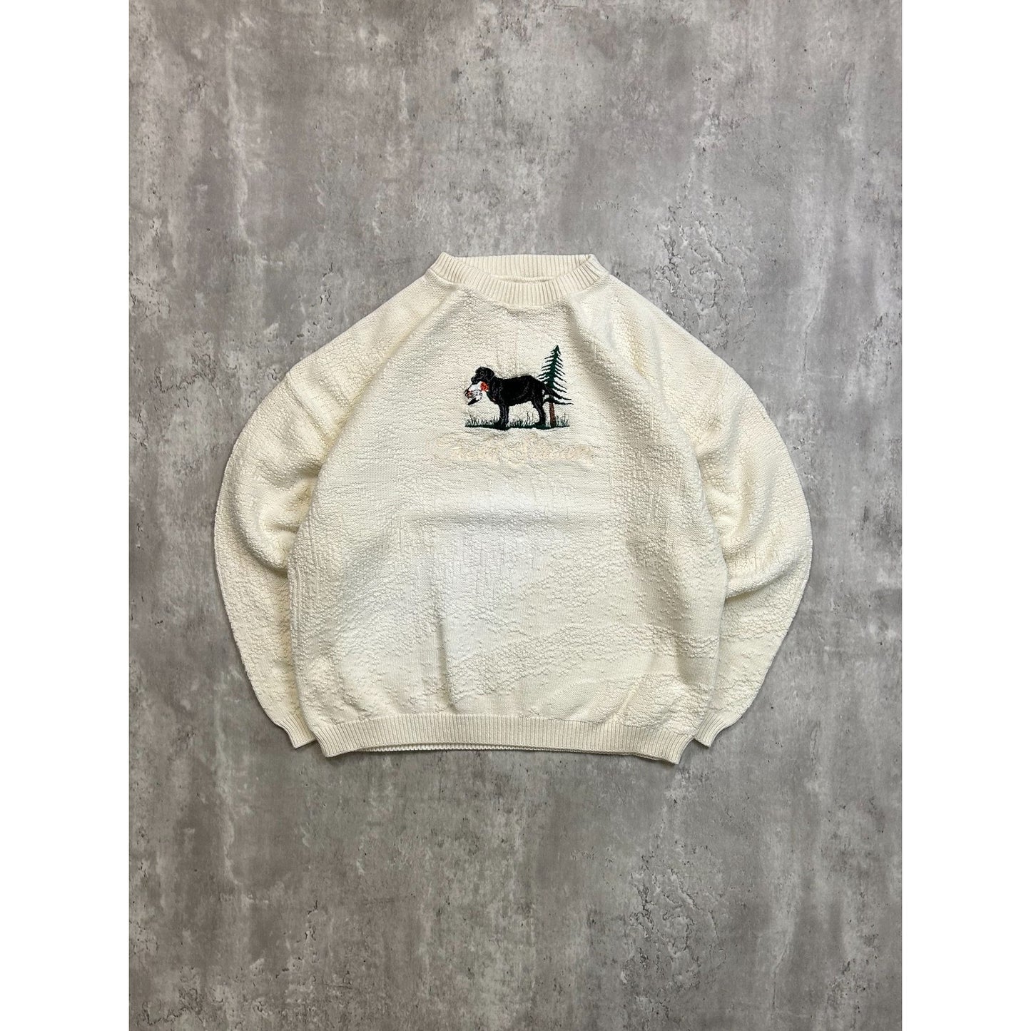 Vintage 90s Duck Hunting Dog Embroidered Graphic Knit Sweater Size Large