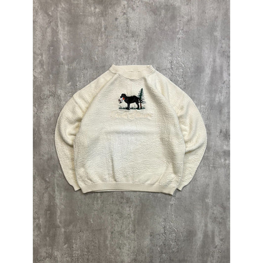 Vintage 90s Duck Hunting Dog Embroidered Graphic Knit Sweater Size Large