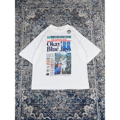 Vintage 1993 Toronto Blue Jays MLB Okay! Newspaper Graphic T-Shirt Size XL