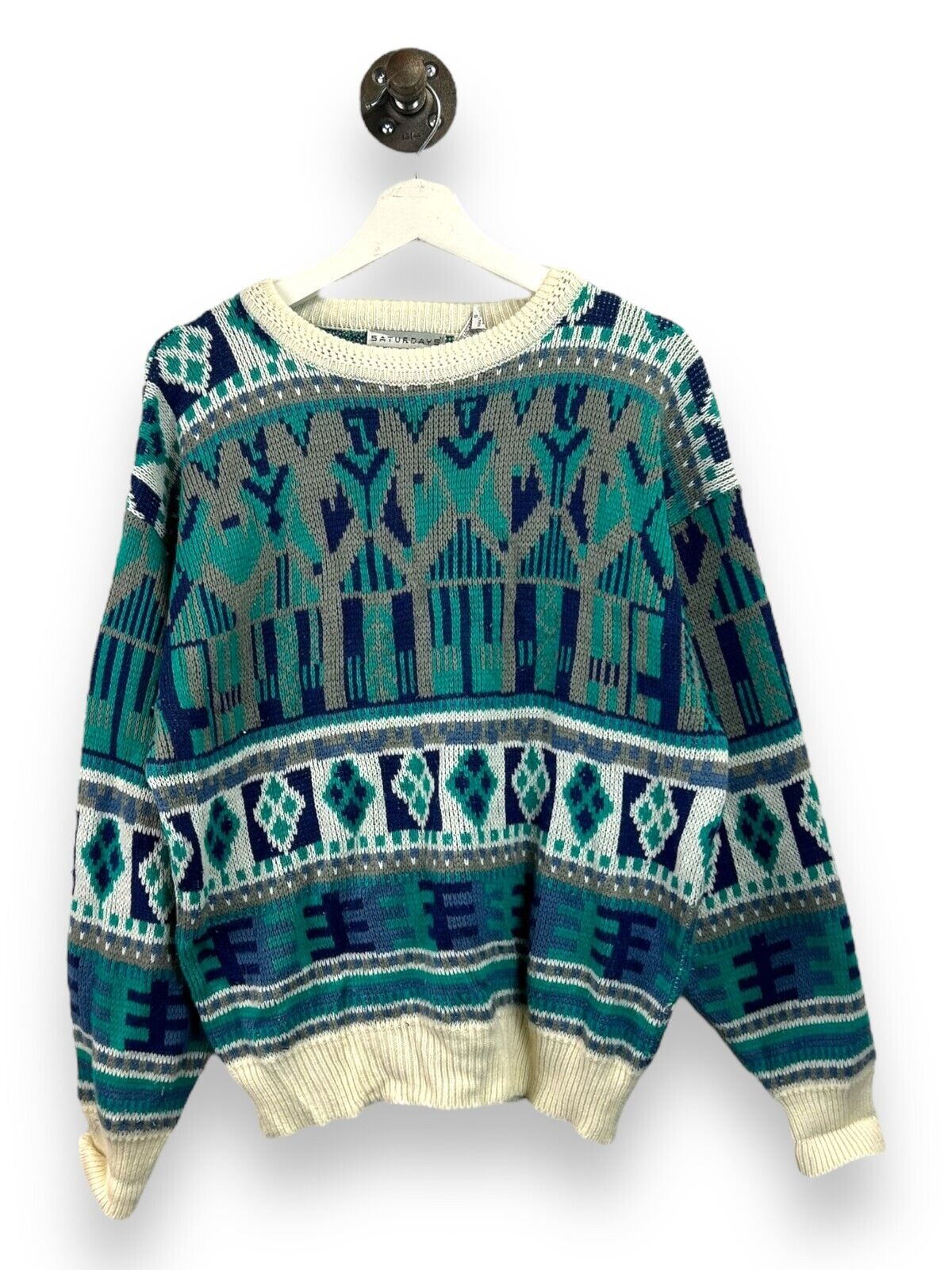 Vintage 90s Saturdays Geometric Print Pattern Knit Sweater Size Small