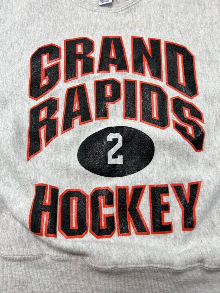 Vintage 90s Grand Rapids Hockey #2 Graphic Spellout Sweatshirt Size Medium Gray