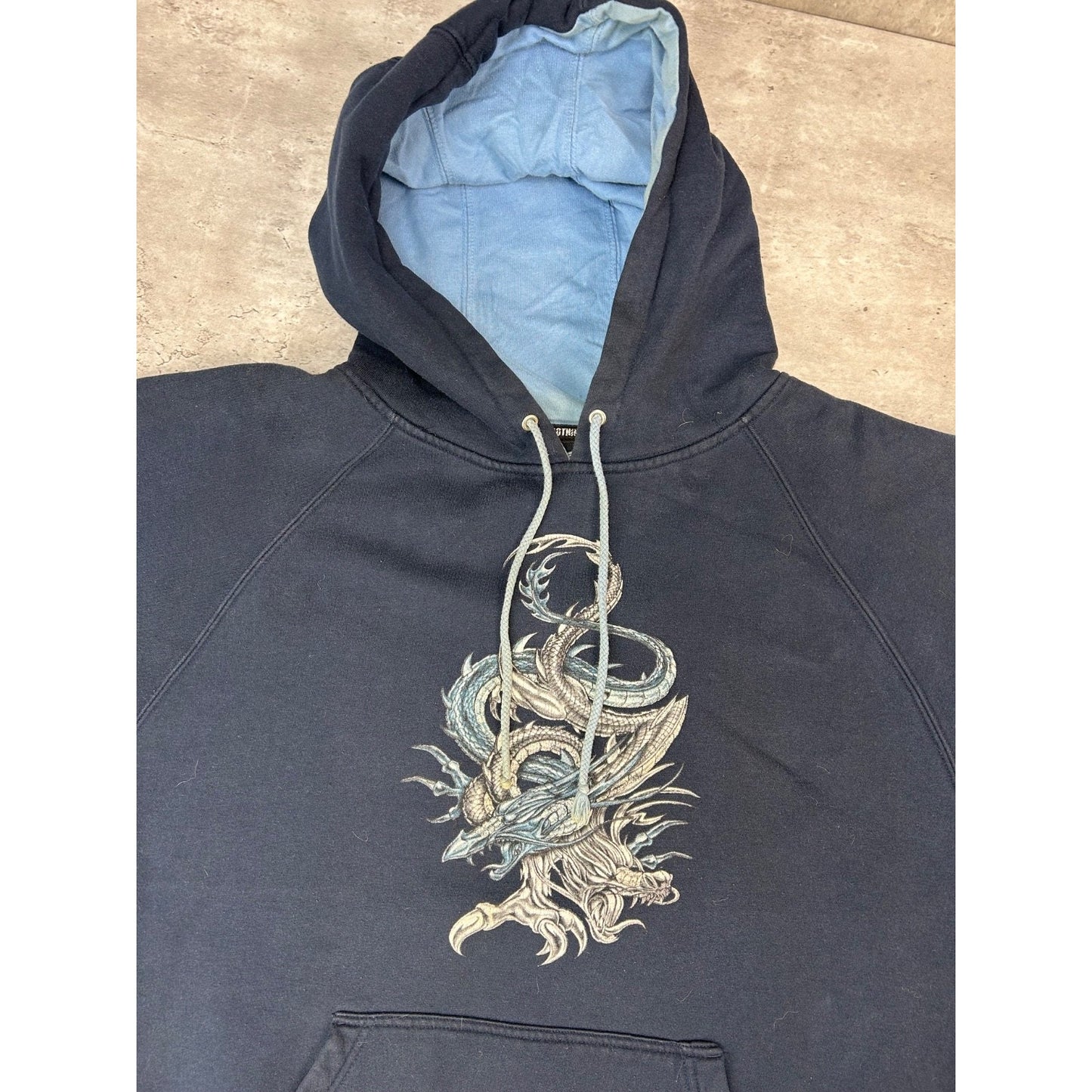 Vintage Y2K Dragon Graphic Pullover Hooded Sweatshirt Size Medium Blue
