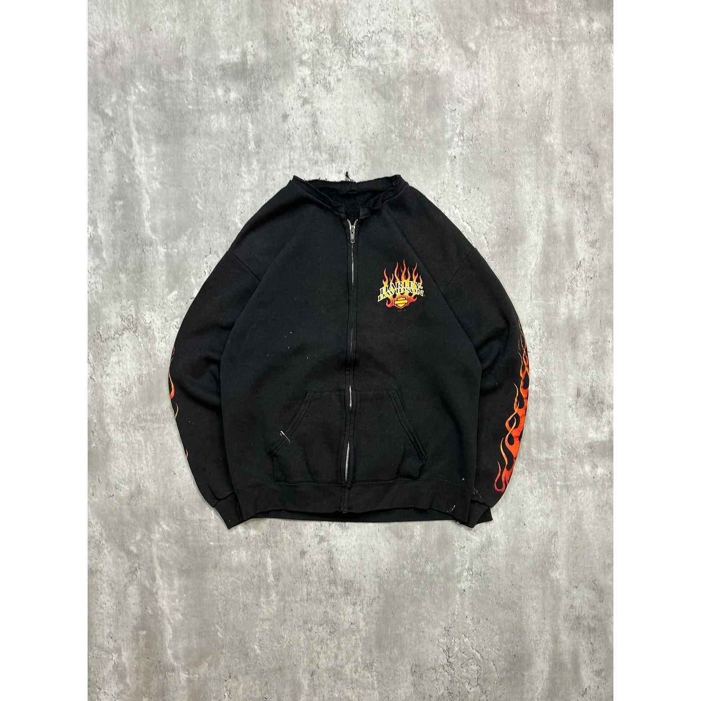Vintage 2001 Harley Davidson Flame Sleeve Classic Logo Full Zip Sweatshirt Med