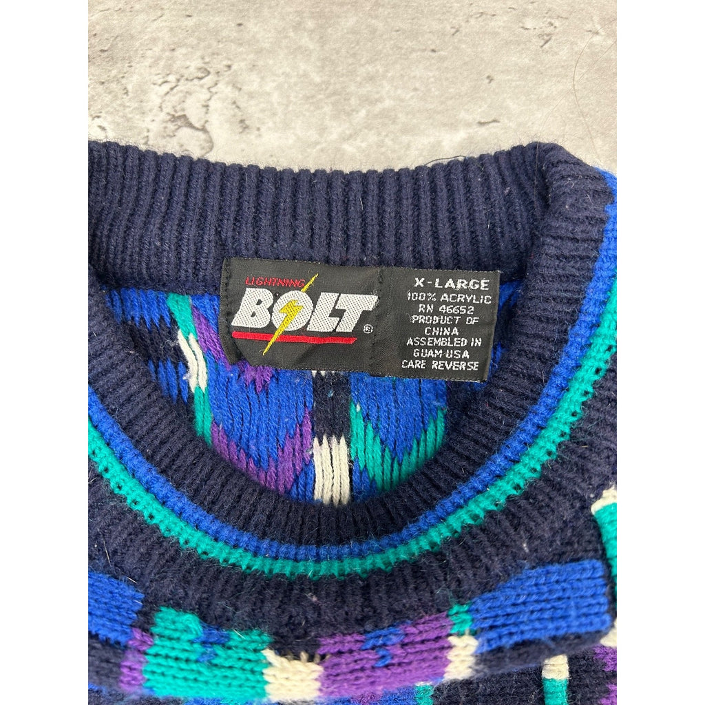 Vintage 90s Geometric Striped Print Pullover Knit Sweater Size XL