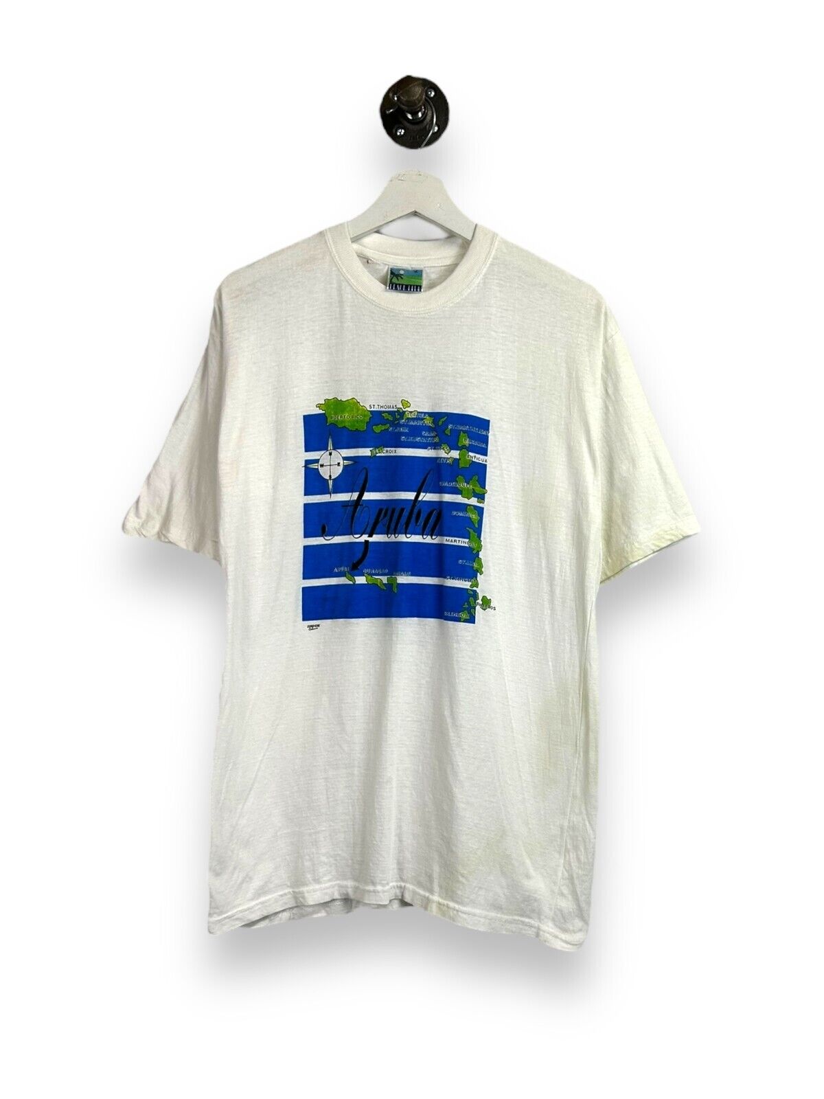 Vintage 90s Aruba Island Map Graphic Spell Out Destination T-Shirt Size Large