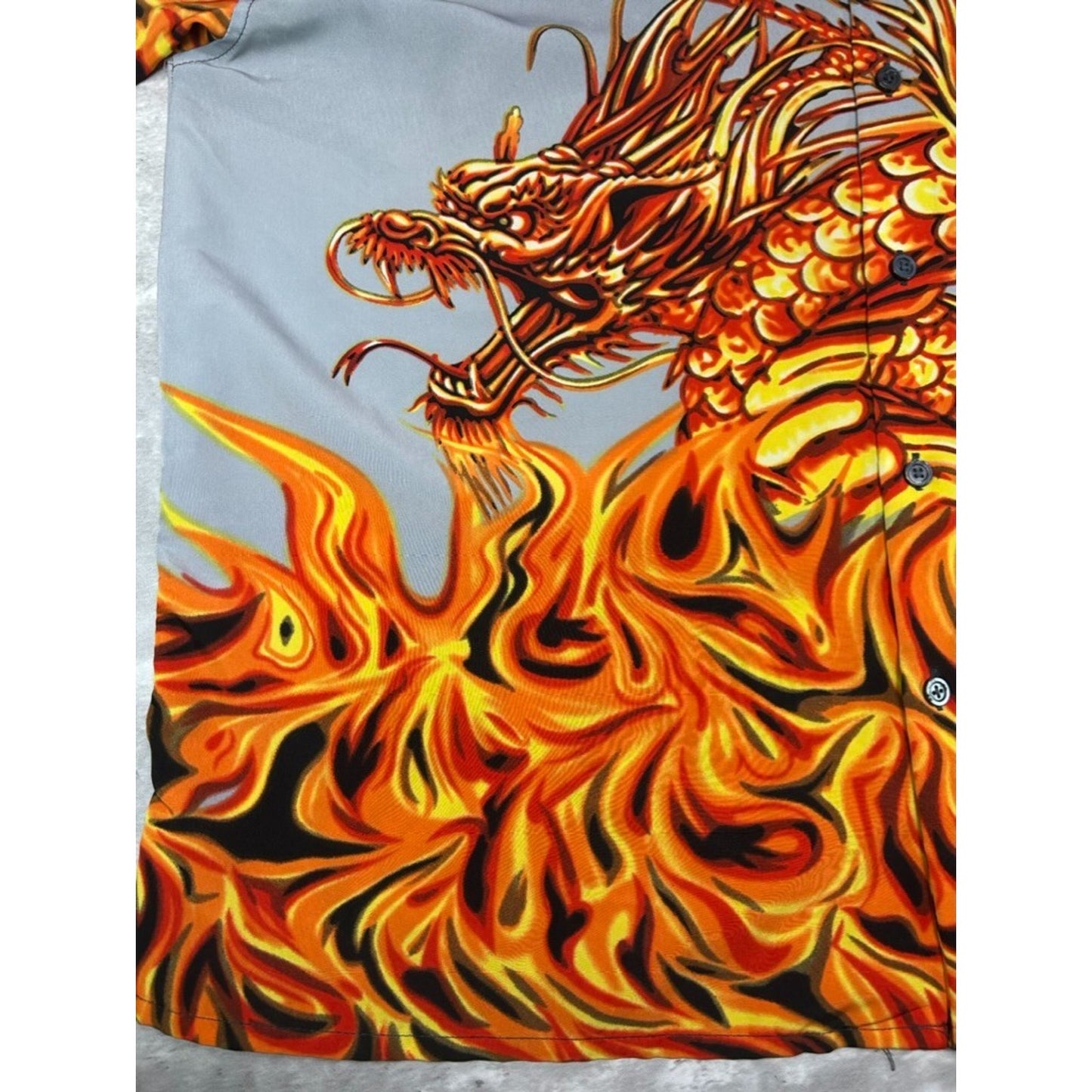 Vintage Y2K Anime Flaming Dragon All Over Print Graphic Button Up Shirt Size XXL