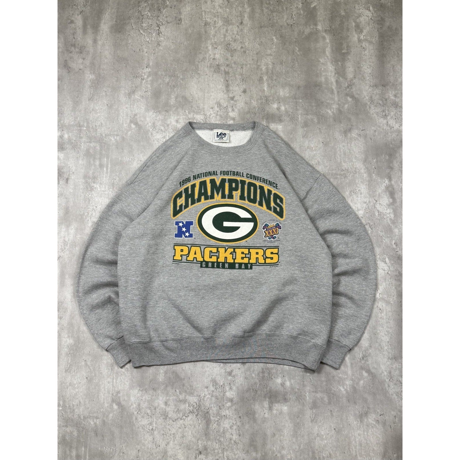 Vintage 1997 Green Bay Packers NFL NFC Champs Arc Spellout Sweatshirt Size XL