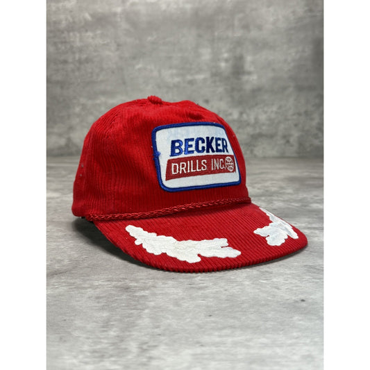 Vintage 80s Becker Drills Embroidered Corduroy Scrambled Eggs Strapback Hat OSFA