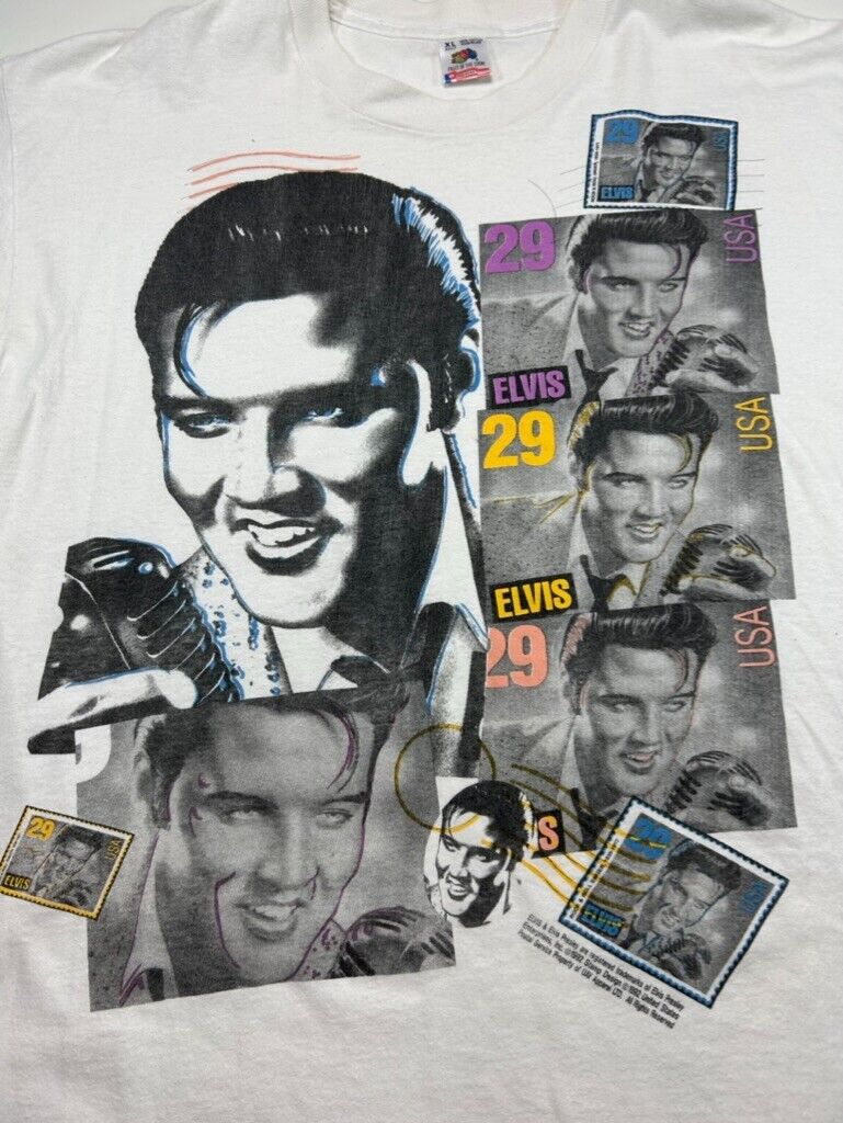 Vintage 1992 Elvis Presley Rock Music Stamp Graphic T-Shirt Size XL White 90s