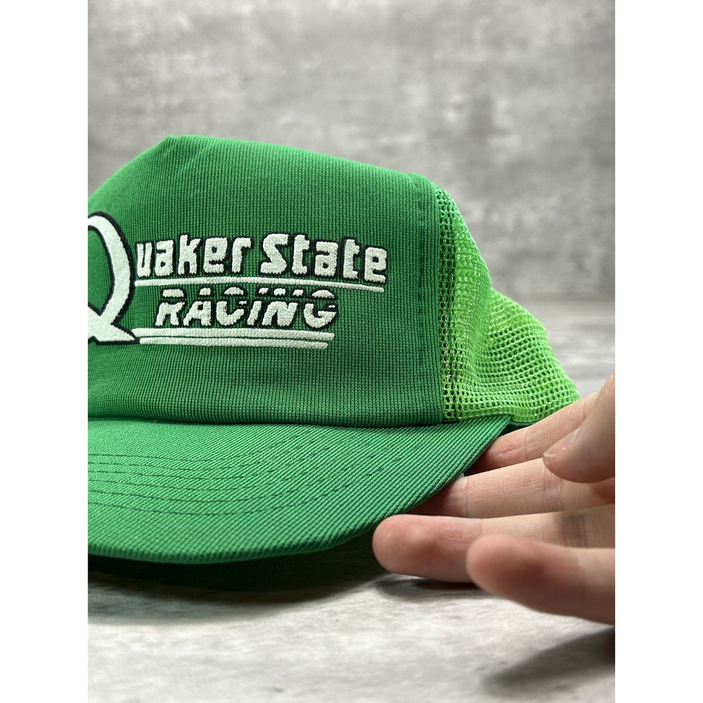 Vintage 1980s Quaker State Racing Graphic Spellout Trucker Snapback Hat OSFA