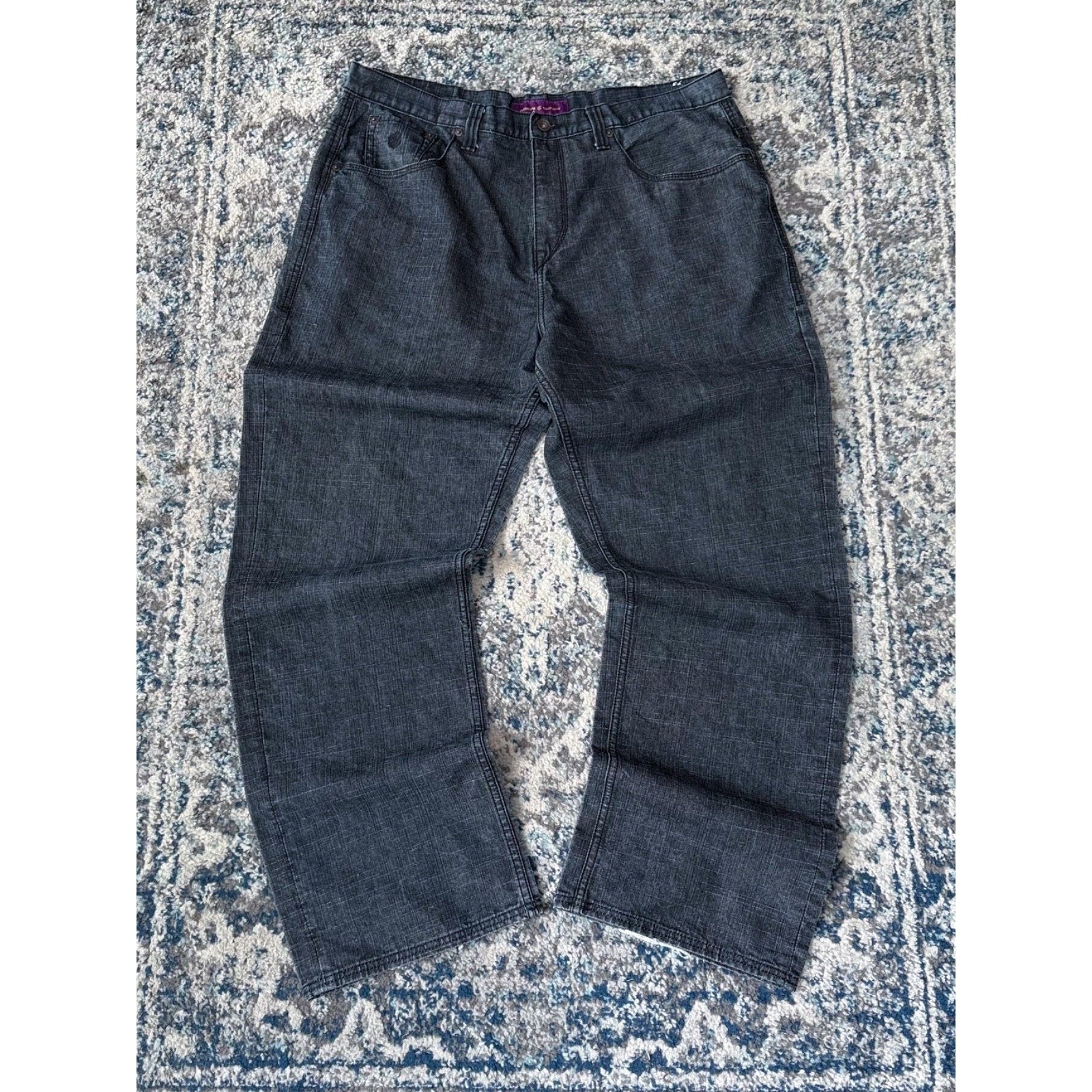 Vintage Y2K Rocawear Chain Stitch Pocket Logo Black Wash Denim Pants Size 40