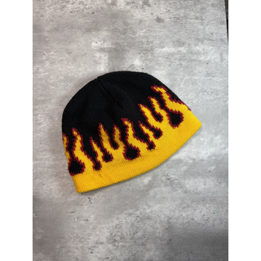 Vintage Graphic Flame Print Beanie Hat OSFA Black/Yellow