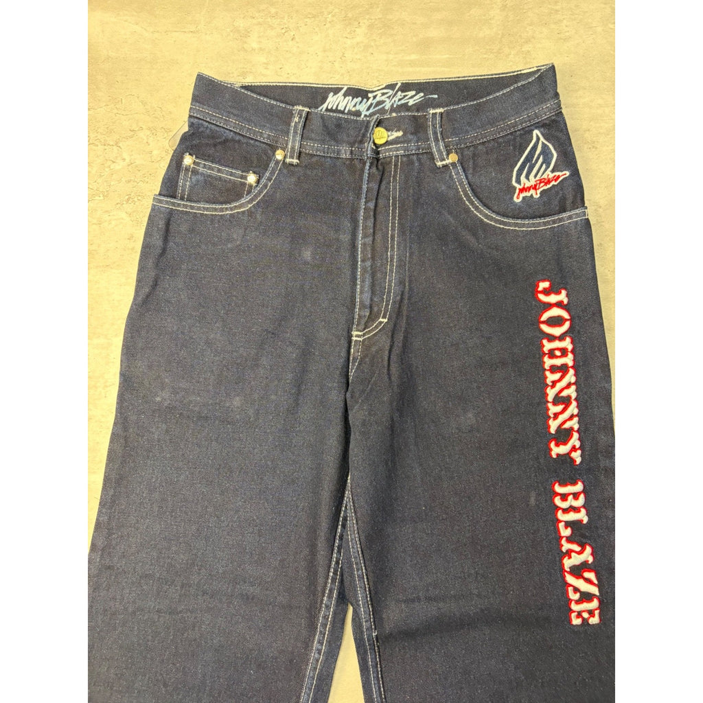 Y2K Womens Johnny Blaze Embroidered Spellout Dark Wash Denim Pants 28x29