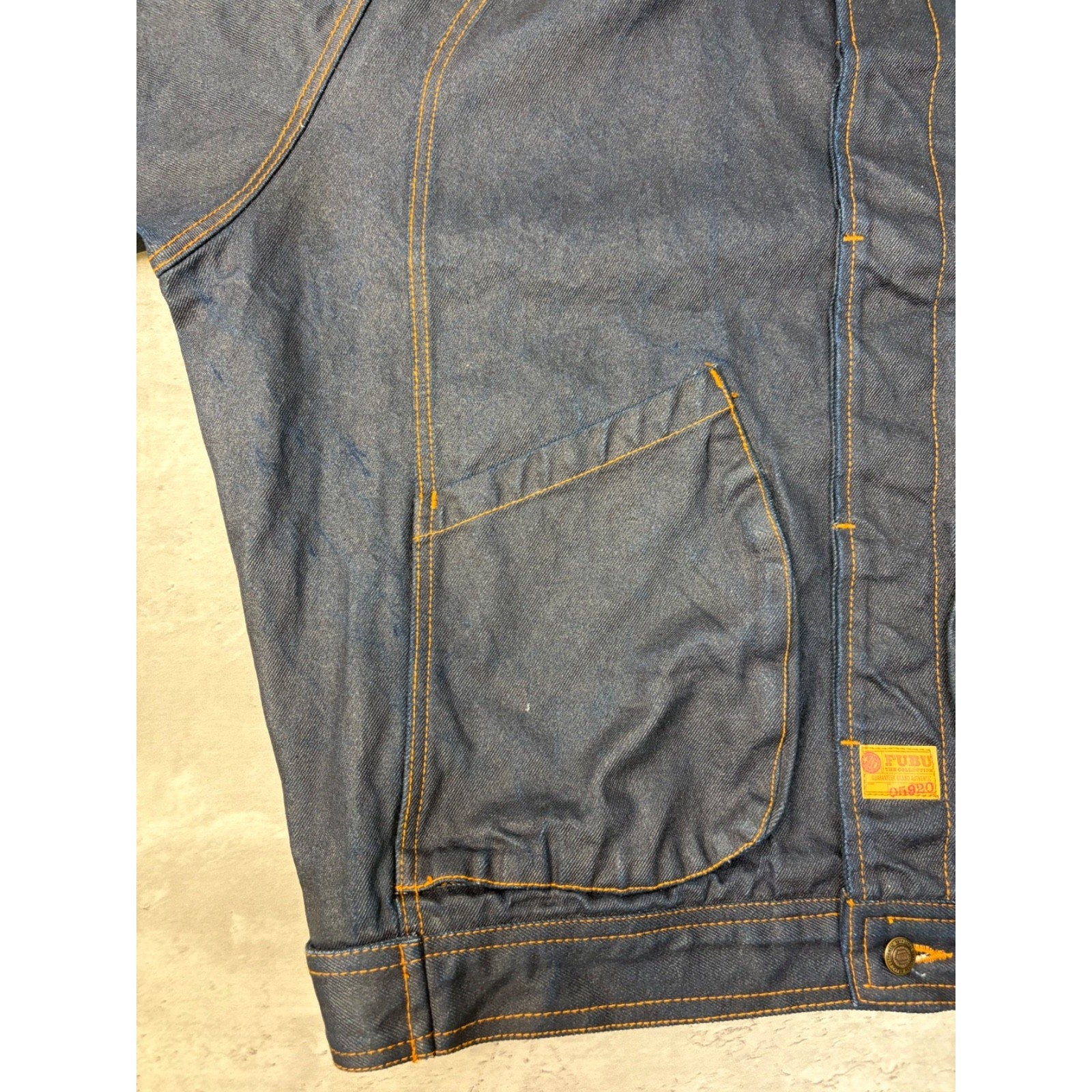 Vintage Y2K Fubu Contrast Embroidery Dark Wash Waxed Denim Jacket Size XL