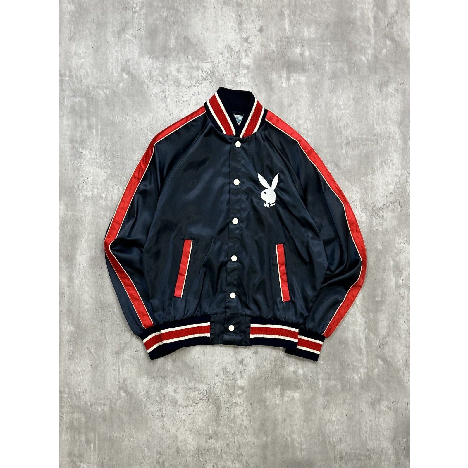 Vintage 80s Playboy Embroidered Logo Satin Bomber Jacket Size Small