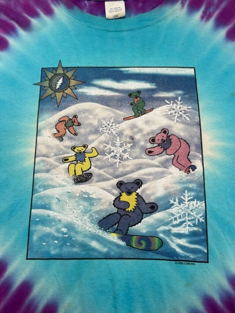 Vtg Grateful Dead Dancing Bears Snowboarding Tye Dye Folk Music T-Shirt Sz 2XL