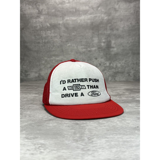 Vintage 80s Id Rather Push A Chevy Than Drive A Ford Trucker Snapback Hat OSFA