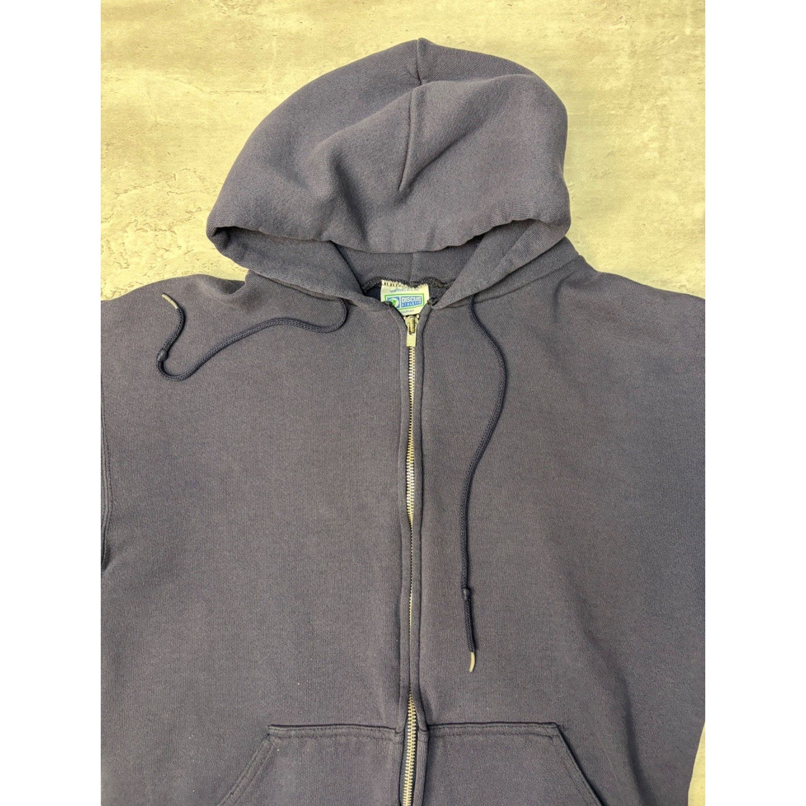 Vintage 90s Discus Athletic Blank Full Zip Navy Hooded Sweatshirt Size Medium