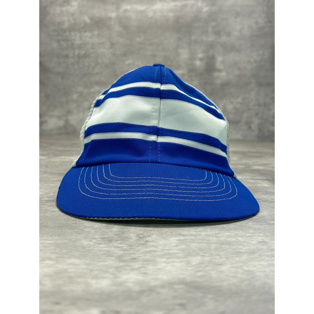 Vintage 80s Striped Blank Trucker Snapback Hat OSFA White/Blue