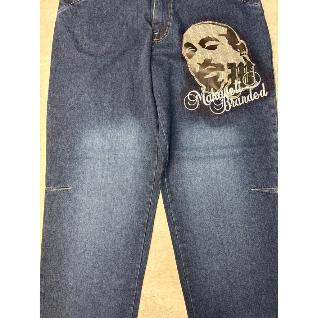 Vintage Y2K Makaveli Plaid Pocket Embroidered Dark Wash Denim Pants