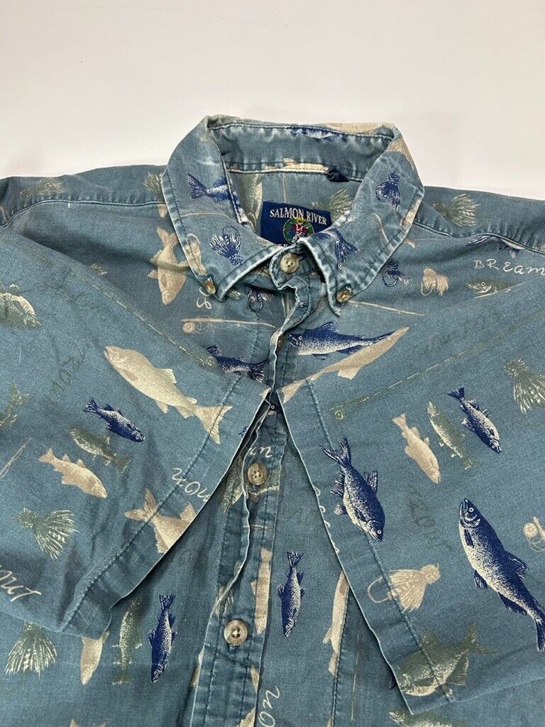 Vintage Salmon River Traders Fish All Over Print Button Up Shirt Size Large