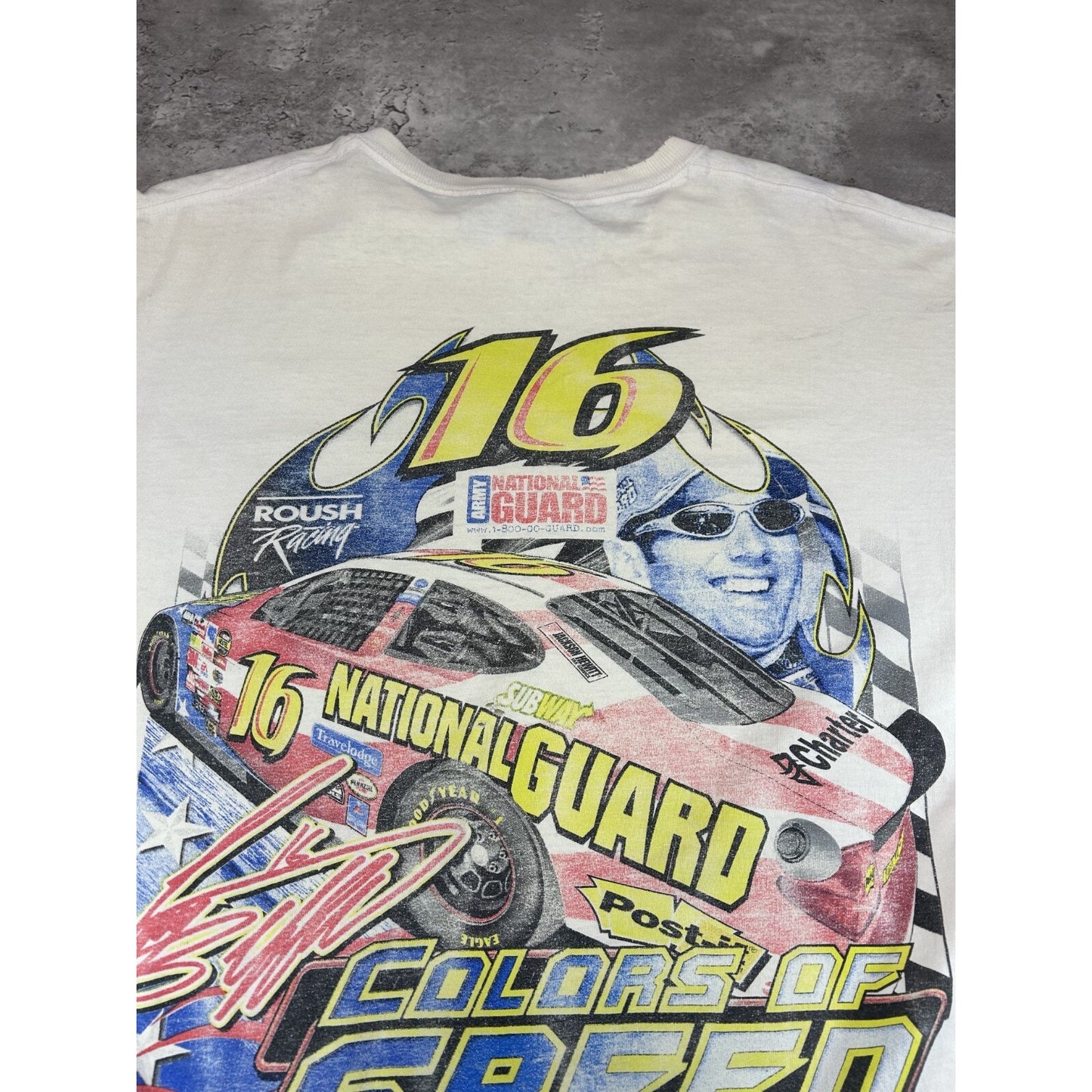 Vintage Greg Biffle #16 Colours Of Speed Nascar Racing T-Shirt Size Large White