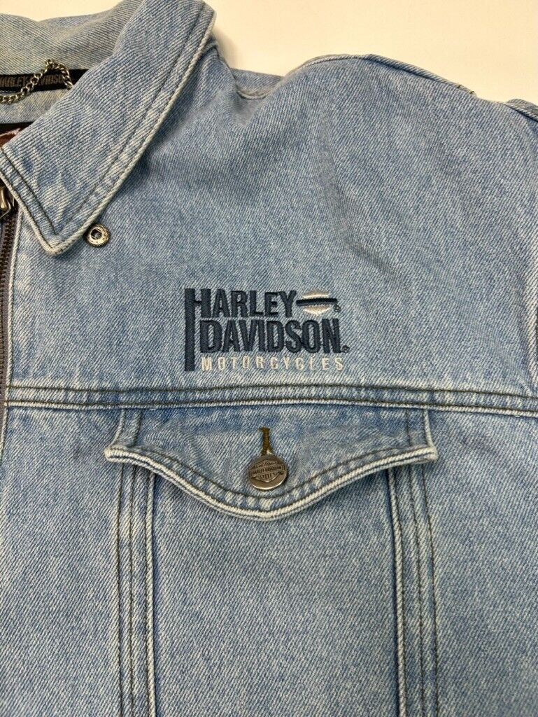 Vintage Harley Davidson Embroidered Spellout Light Wash Denim Trucker Jacket 2XL