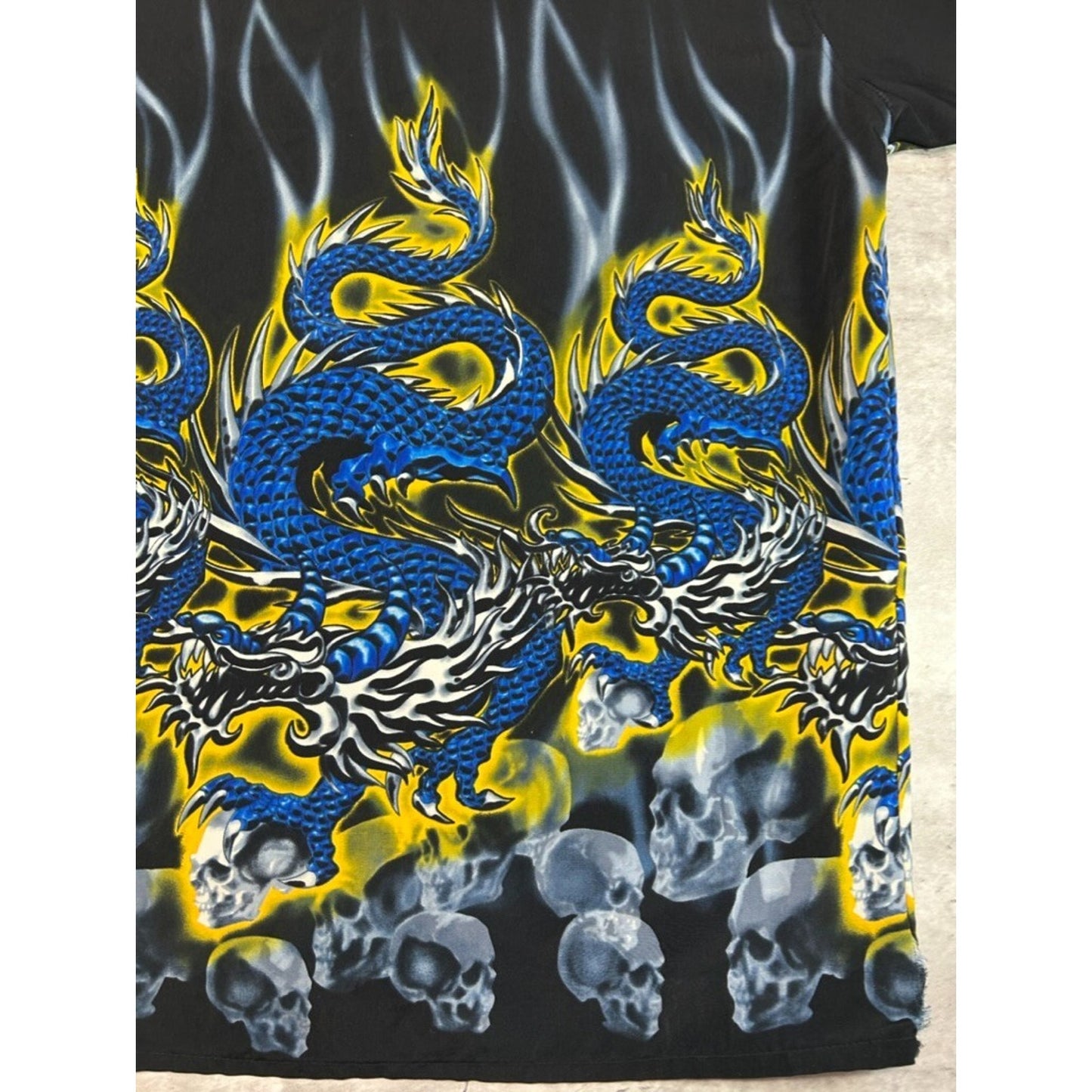 Vintage Y2K Flame Skull Dragon All Over Print Button Up Shirt Size XL