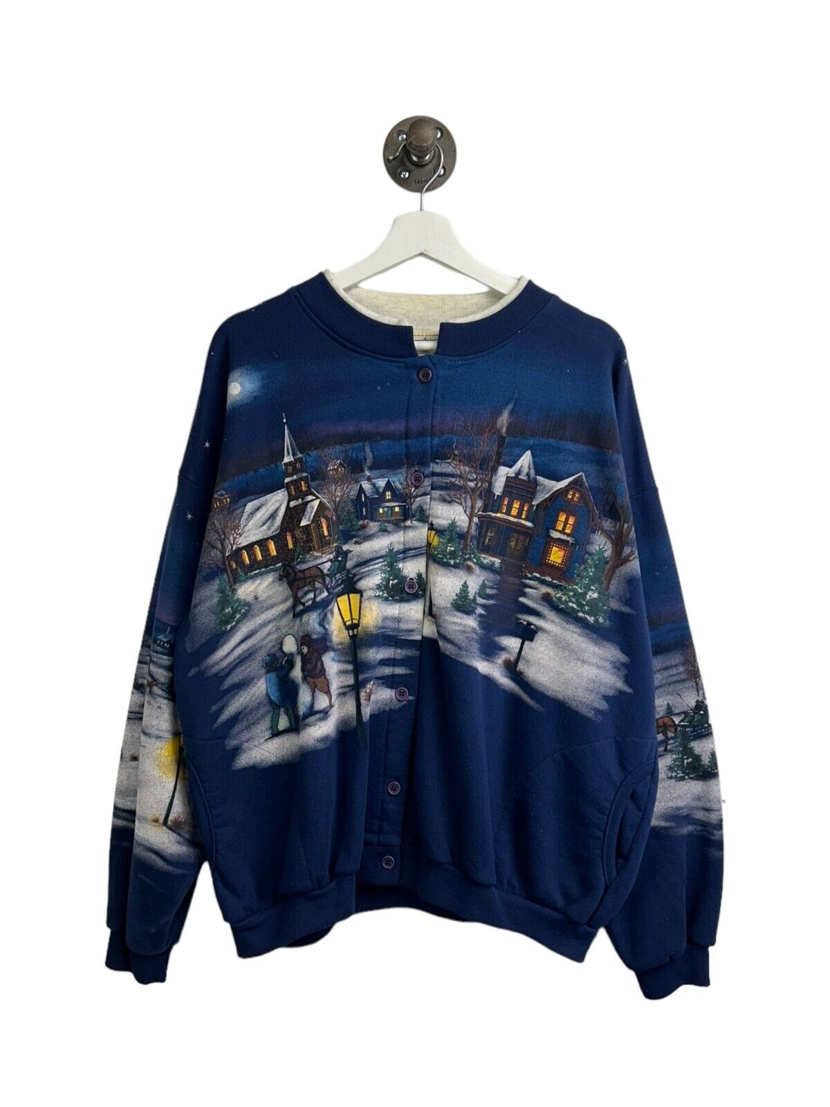 Vintage 90s Winter Village Landscape All Over Print Cardigan Sweatshirt Sz Large