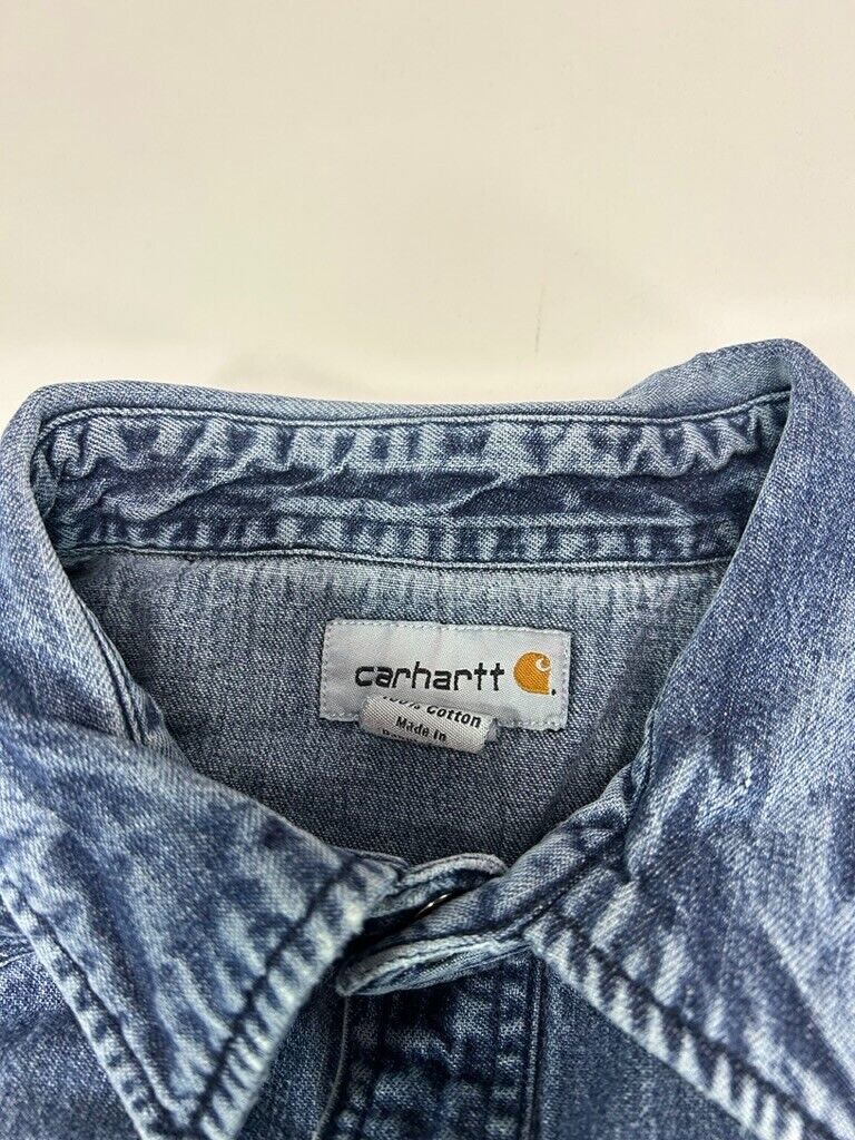 Vintage Carhartt Pearl Snap Denim Long Sleeve Button Up Shirt Size 2XL Blue